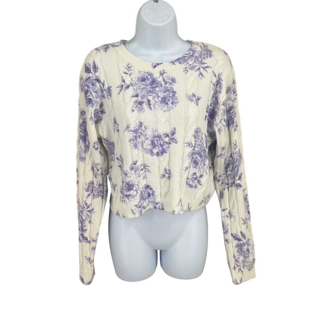 Francesca's Sweater Womens Sz L Ivory Purple Floral Cable Knit Cropped Soft Girl